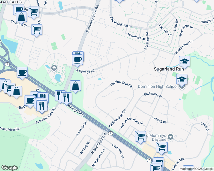 map of restaurants, bars, coffee shops, grocery stores, and more near 321 Cardinal Glen Circle in Sterling