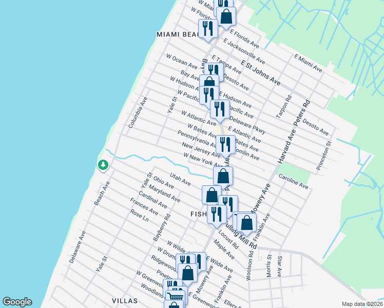 map of restaurants, bars, coffee shops, grocery stores, and more near 42 New Jersey Avenue in Villas