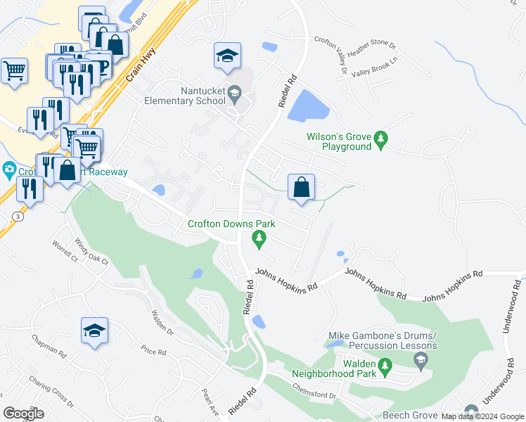 map of restaurants, bars, coffee shops, grocery stores, and more near 1413 Nassau Drive in Crofton