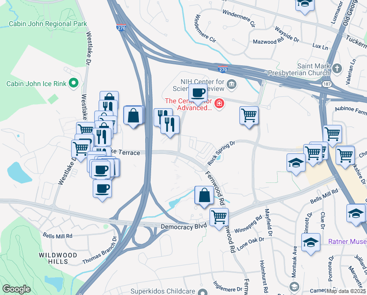 map of restaurants, bars, coffee shops, grocery stores, and more near 6936 Rockledge Drive in Bethesda
