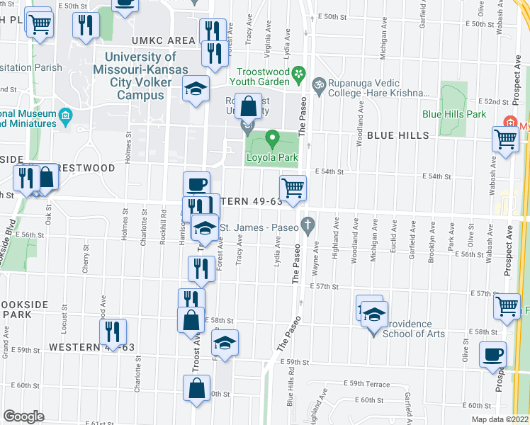 map of restaurants, bars, coffee shops, grocery stores, and more near 5503 Virginia Avenue in Kansas City