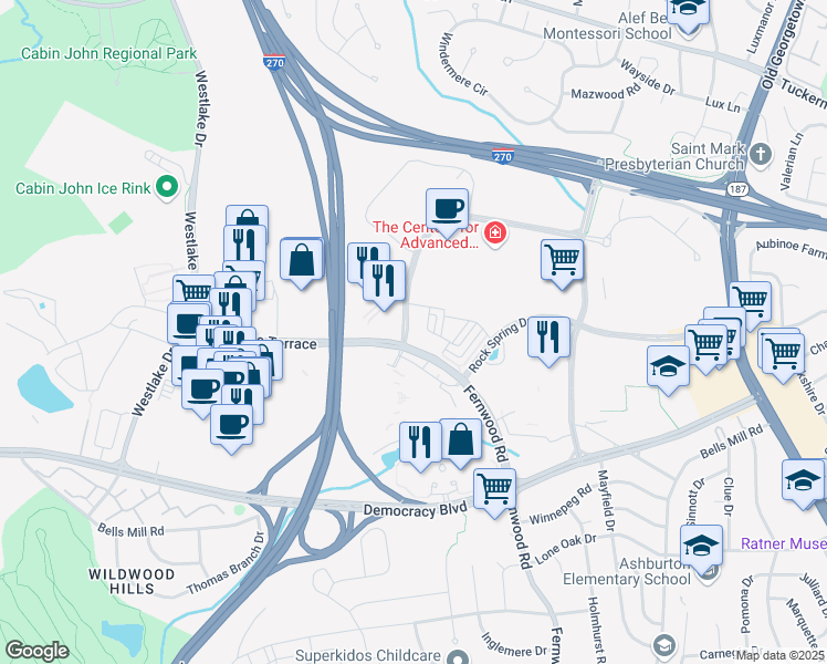 map of restaurants, bars, coffee shops, grocery stores, and more near 6938 Rockledge Drive in Bethesda