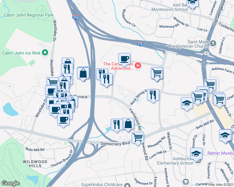 map of restaurants, bars, coffee shops, grocery stores, and more near 6718 Eames Way in Bethesda