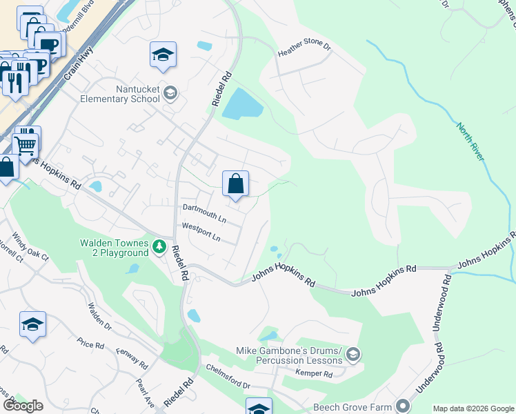 map of restaurants, bars, coffee shops, grocery stores, and more near 900 Truro Lane in Crofton