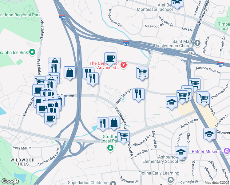 map of restaurants, bars, coffee shops, grocery stores, and more near 6615 Eames Way in Bethesda
