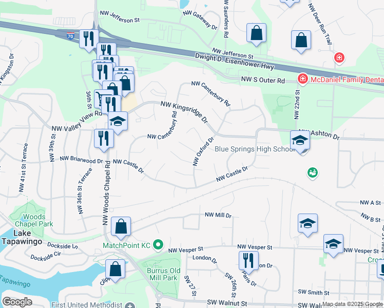 map of restaurants, bars, coffee shops, grocery stores, and more near 2900 Northwest Milford Place in Blue Springs
