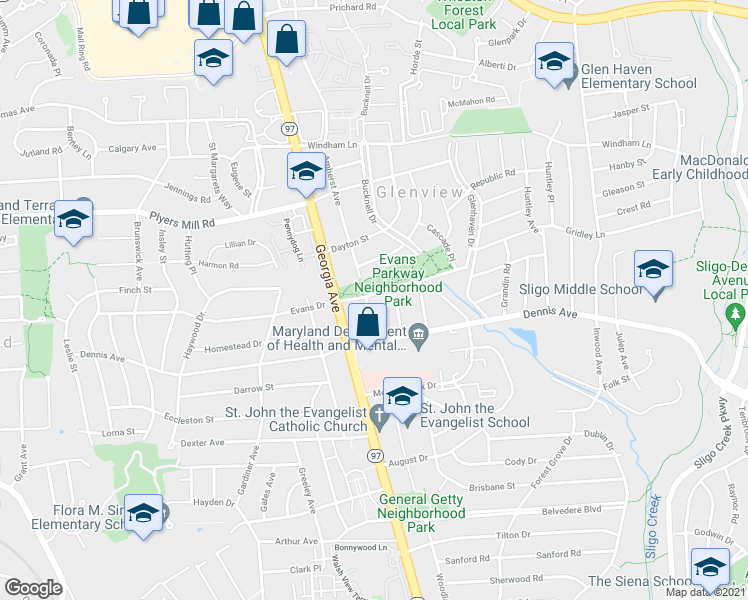 map of restaurants, bars, coffee shops, grocery stores, and more near 2014 Evans Parkway in Silver Spring