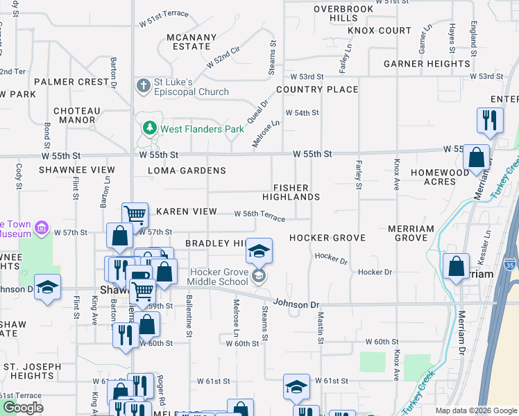 map of restaurants, bars, coffee shops, grocery stores, and more near 10410 West 56th Terrace in Shawnee