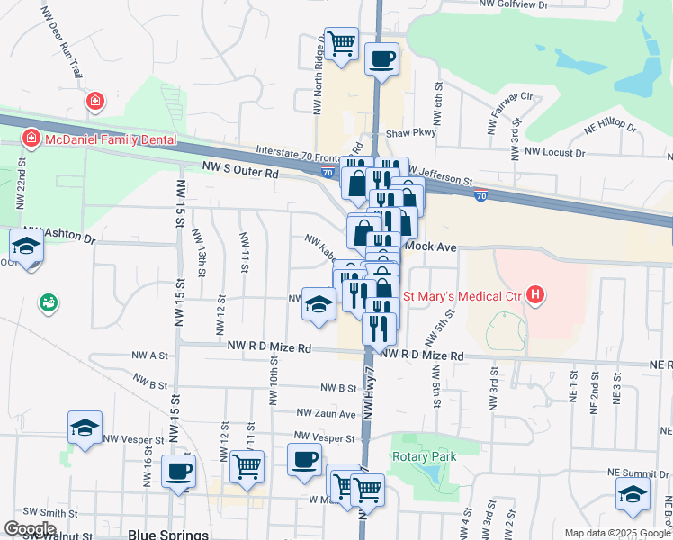 map of restaurants, bars, coffee shops, grocery stores, and more near 803 Northwest Kabel Street in Blue Springs