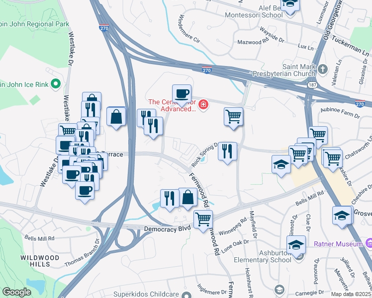 map of restaurants, bars, coffee shops, grocery stores, and more near 10360 Jacobsen Street in Bethesda