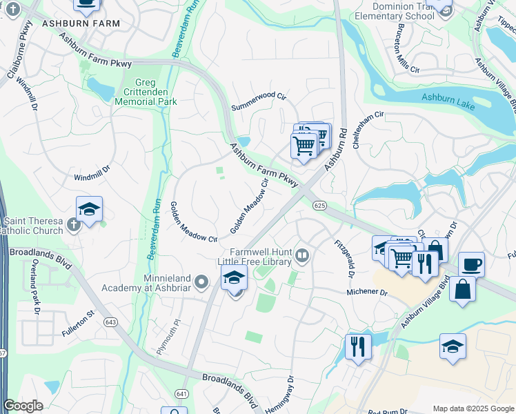 map of restaurants, bars, coffee shops, grocery stores, and more near 21321 Thimbleweed Court in Ashburn