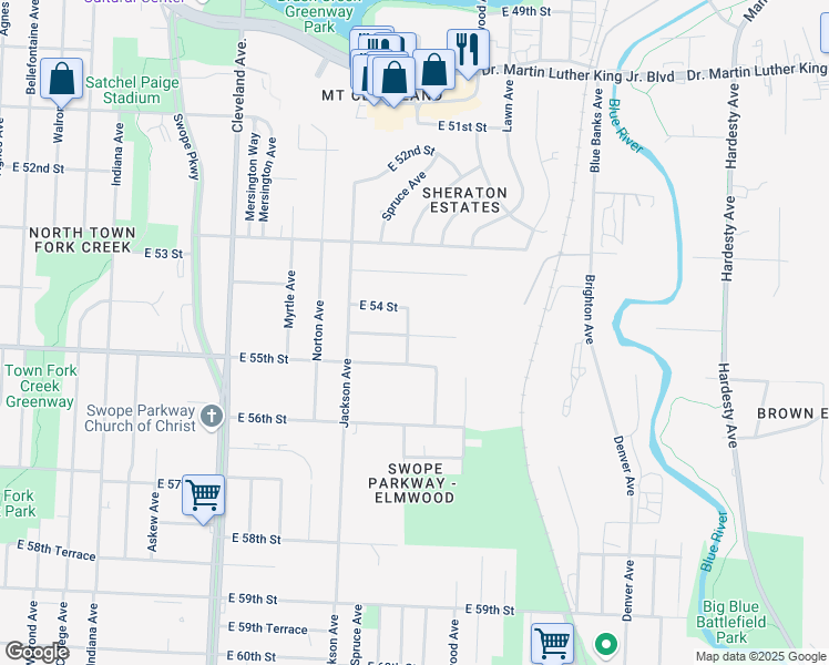 map of restaurants, bars, coffee shops, grocery stores, and more near 4242 East 54 Terrace in Kansas City