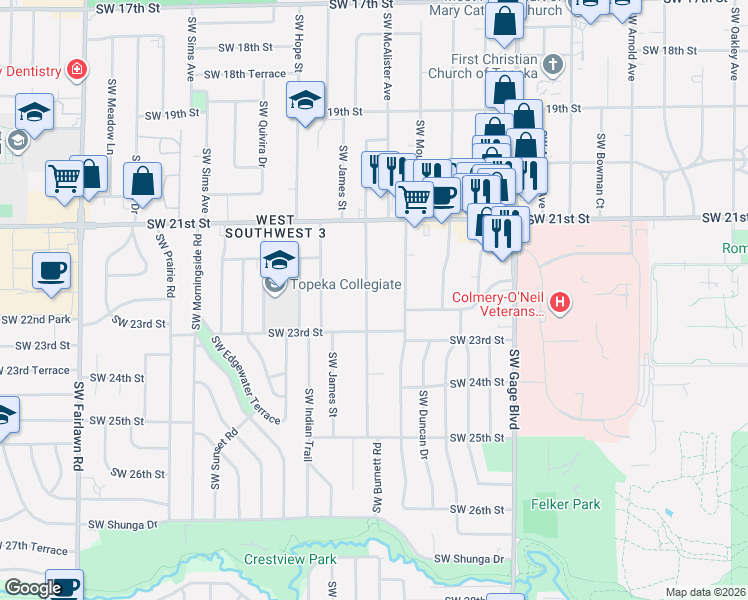 map of restaurants, bars, coffee shops, grocery stores, and more near 2205 Southwest Burnett Road in Topeka