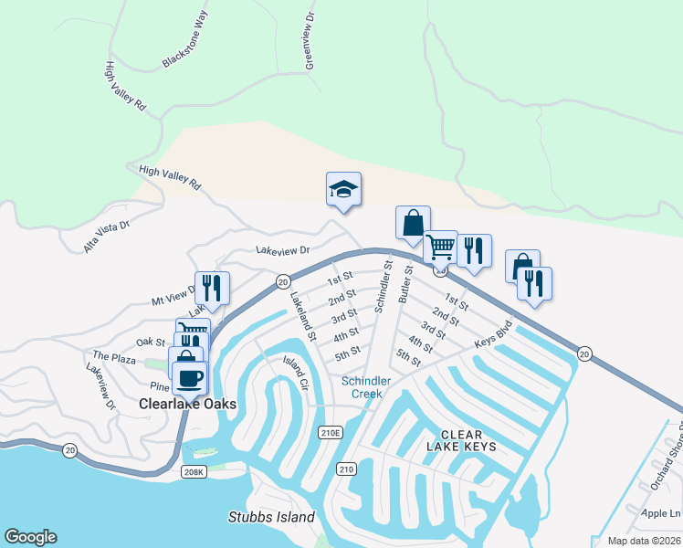 map of restaurants, bars, coffee shops, grocery stores, and more near 70 Shaul Street in Clearlake Oaks