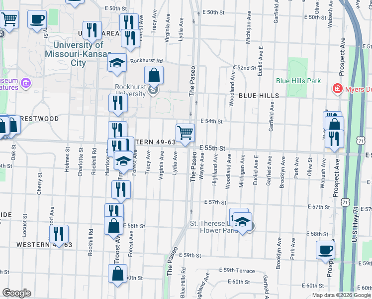 map of restaurants, bars, coffee shops, grocery stores, and more near 1409 East 55th Street in Kansas City