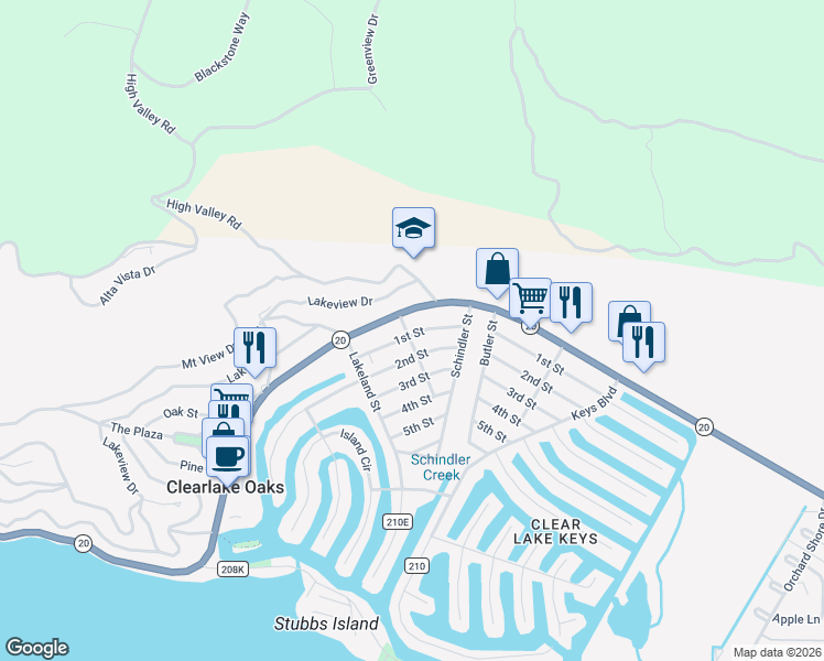 map of restaurants, bars, coffee shops, grocery stores, and more near 70 Shaul Street in Clearlake Oaks