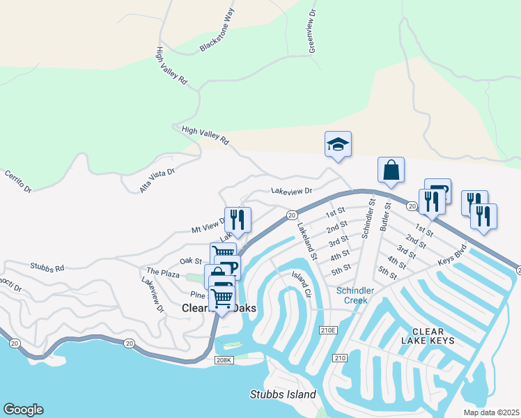 map of restaurants, bars, coffee shops, grocery stores, and more near 12706 Center Way in Clearlake Oaks