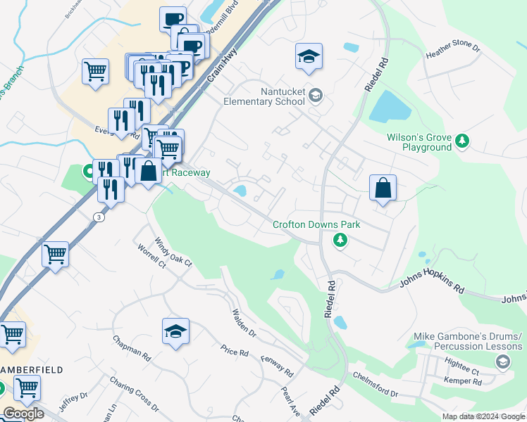 map of restaurants, bars, coffee shops, grocery stores, and more near 1532 Lowell Court in Crofton
