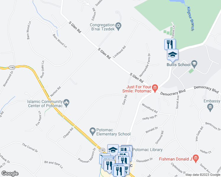 map of restaurants, bars, coffee shops, grocery stores, and more near 10120 Chapel Road in Rockville