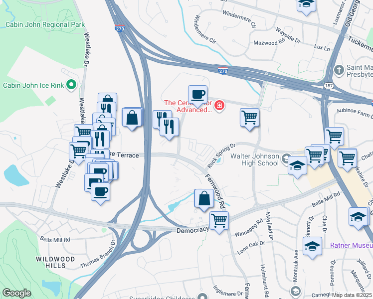 map of restaurants, bars, coffee shops, grocery stores, and more near 6720 Eames Way in Bethesda