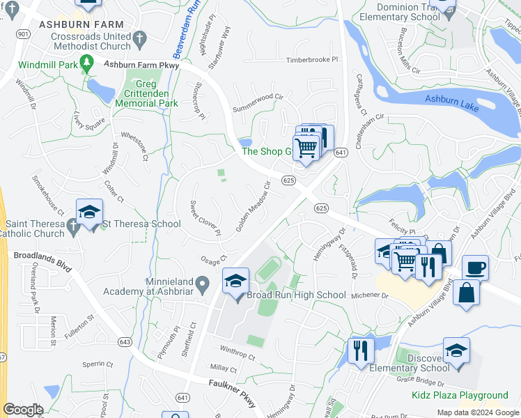 map of restaurants, bars, coffee shops, grocery stores, and more near 21321 Thimbleweed Court in Ashburn