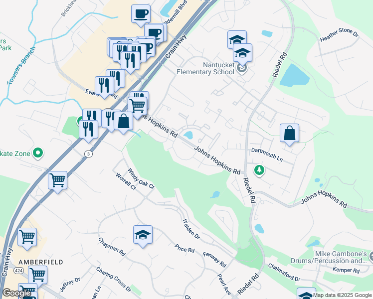 map of restaurants, bars, coffee shops, grocery stores, and more near 2579 Ambling Circle in Crofton