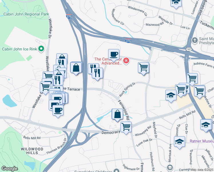 map of restaurants, bars, coffee shops, grocery stores, and more near 6720 Eames Way in Bethesda
