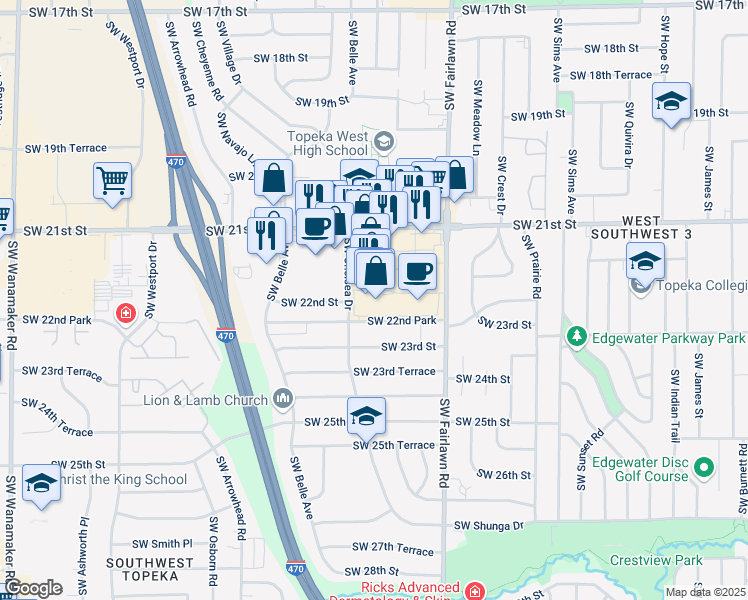 map of restaurants, bars, coffee shops, grocery stores, and more near 5333 Southwest 22nd Place in Topeka