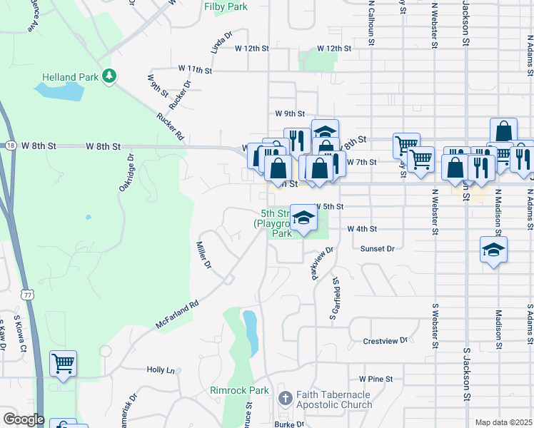 map of restaurants, bars, coffee shops, grocery stores, and more near 1101 West 5th Street in Junction City