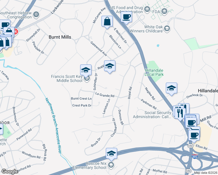 map of restaurants, bars, coffee shops, grocery stores, and more near 12 Schindler Court in Silver Spring