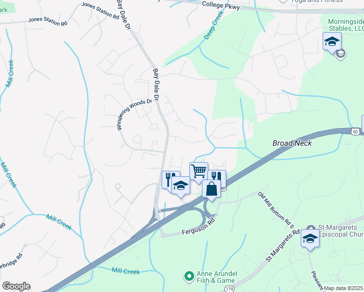 map of restaurants, bars, coffee shops, grocery stores, and more near 381 Blossom Tree Drive in Annapolis