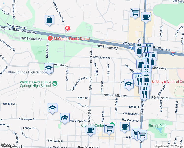 map of restaurants, bars, coffee shops, grocery stores, and more near 818 Northwest 15 Street in Blue Springs
