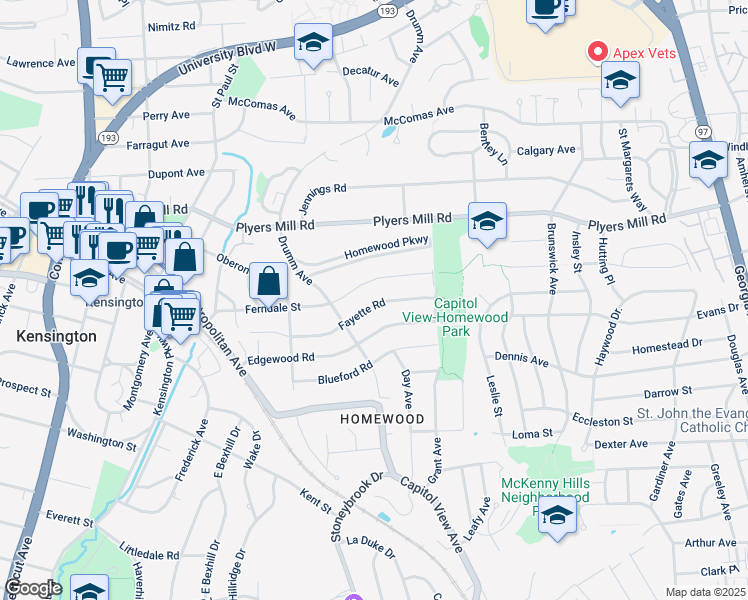 map of restaurants, bars, coffee shops, grocery stores, and more near 3107 Fayette Road in Kensington