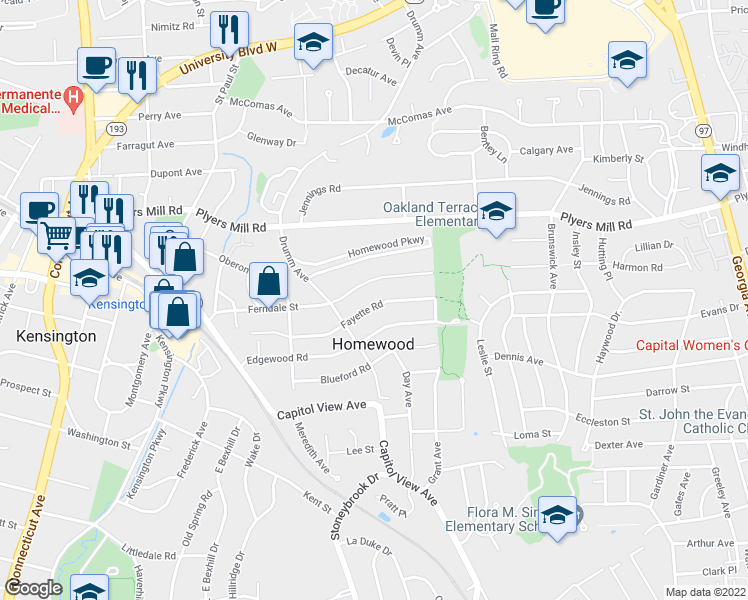 map of restaurants, bars, coffee shops, grocery stores, and more near 3107 Fayette Road in Kensington