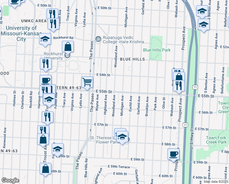 map of restaurants, bars, coffee shops, grocery stores, and more near E 55th St & Woodland Ave in Kansas City