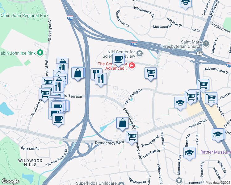 map of restaurants, bars, coffee shops, grocery stores, and more near 119 Heath Place in Bethesda