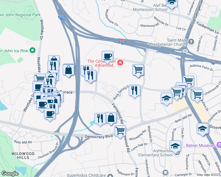 map of restaurants, bars, coffee shops, grocery stores, and more near 10360 Jacobsen Street in Bethesda