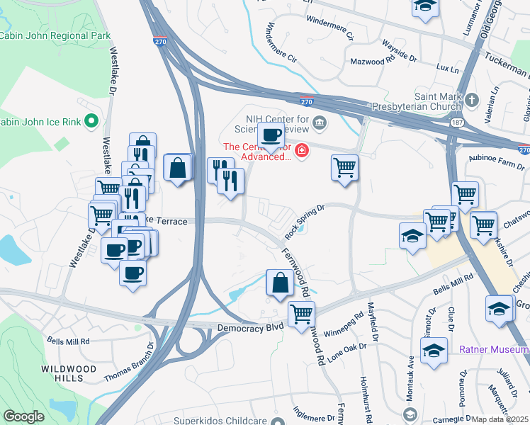 map of restaurants, bars, coffee shops, grocery stores, and more near 119 Heath Place in Bethesda
