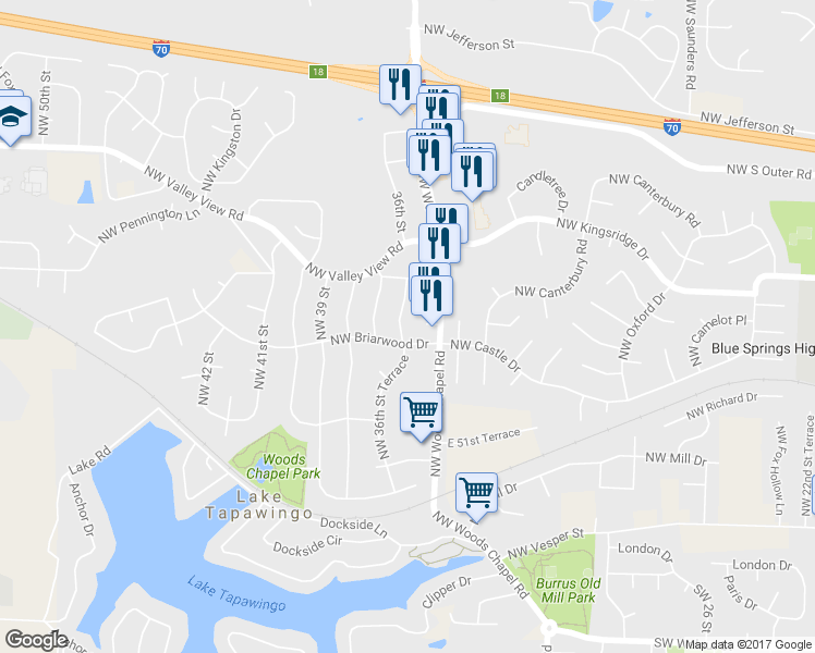 map of restaurants, bars, coffee shops, grocery stores, and more near 804 Northwest 36th Street Terrace in Blue Springs