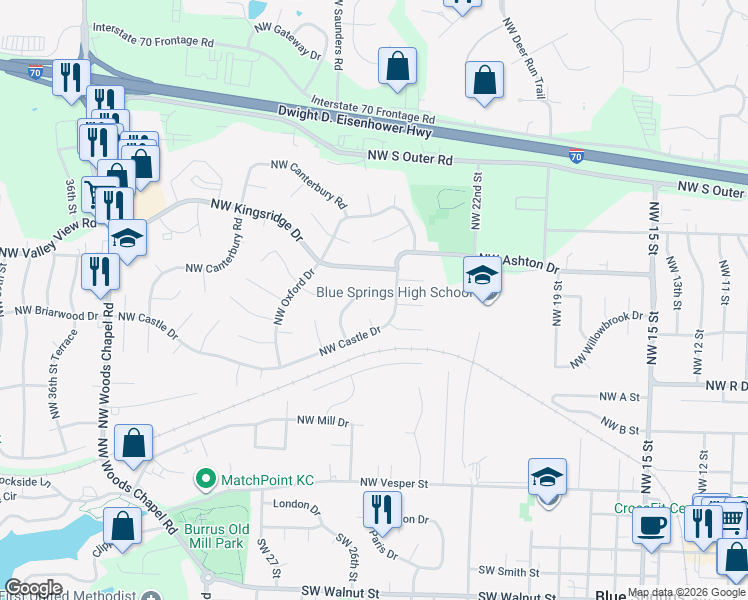 map of restaurants, bars, coffee shops, grocery stores, and more near 2508 Northwest Camelot Place in Blue Springs