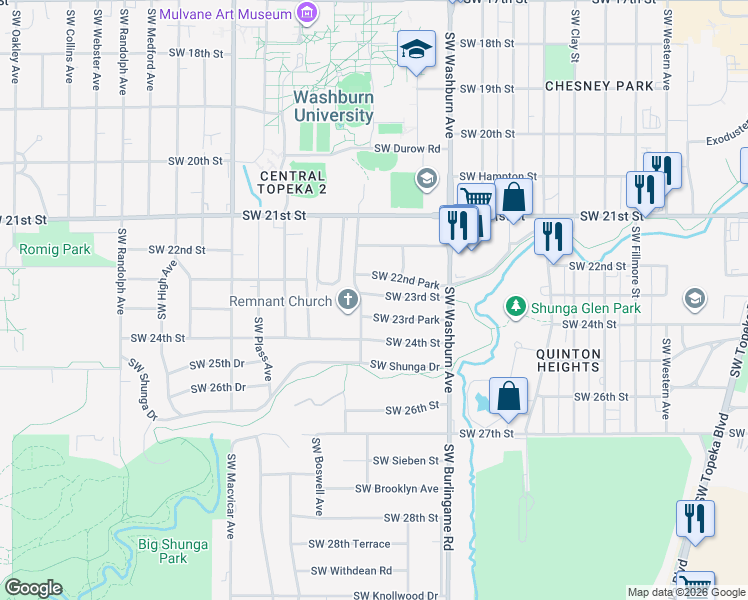 map of restaurants, bars, coffee shops, grocery stores, and more near 1553 Southwest 23rd Street in Topeka