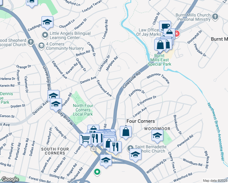 map of restaurants, bars, coffee shops, grocery stores, and more near 1 Kinsman View Circle in Silver Spring