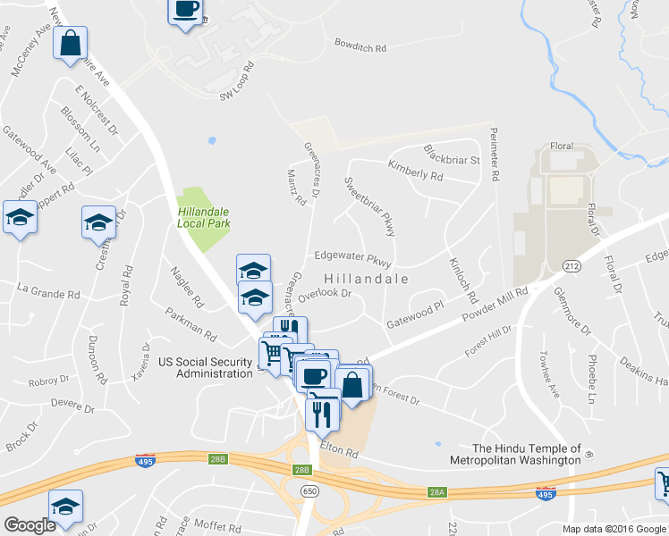 map of restaurants, bars, coffee shops, grocery stores, and more near 1709 Edgewater Parkway in Silver Spring