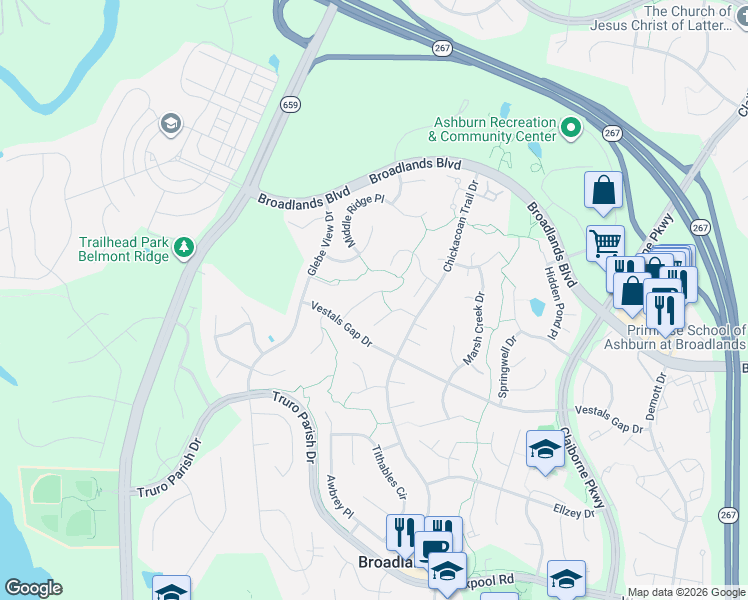 map of restaurants, bars, coffee shops, grocery stores, and more near 21322 Meadow Field Court in Ashburn