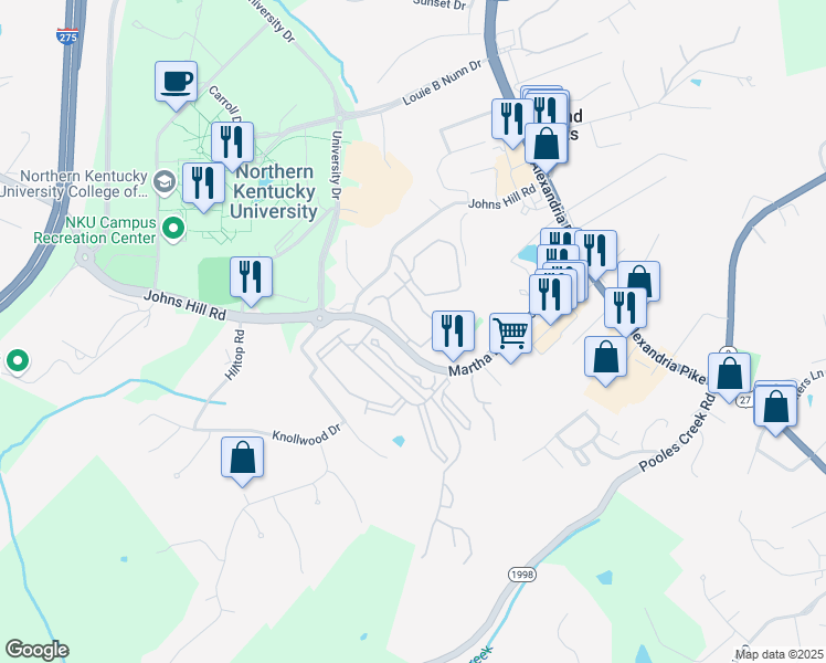 map of restaurants, bars, coffee shops, grocery stores, and more near 1100 Grey Stable Lane in Highland Heights