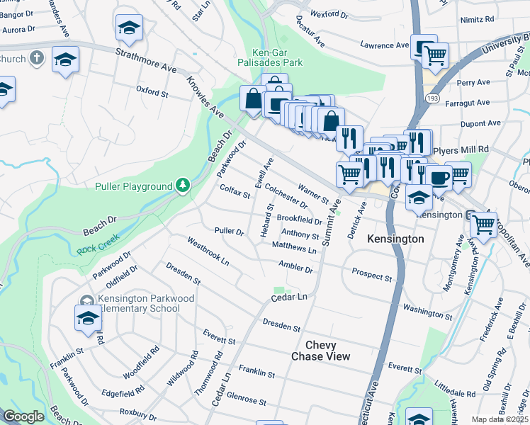 map of restaurants, bars, coffee shops, grocery stores, and more near 4301 Brookfield Drive in Kensington