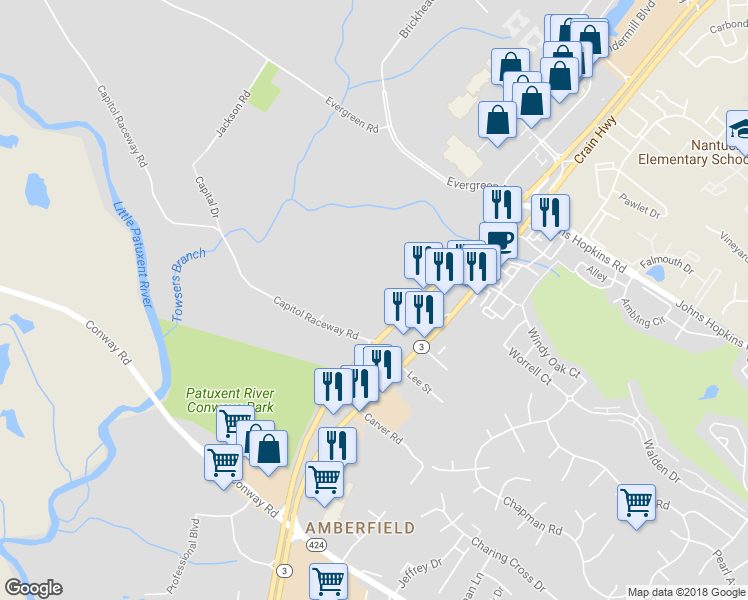 map of restaurants, bars, coffee shops, grocery stores, and more near 1078 Maryland 3 in Gambrills
