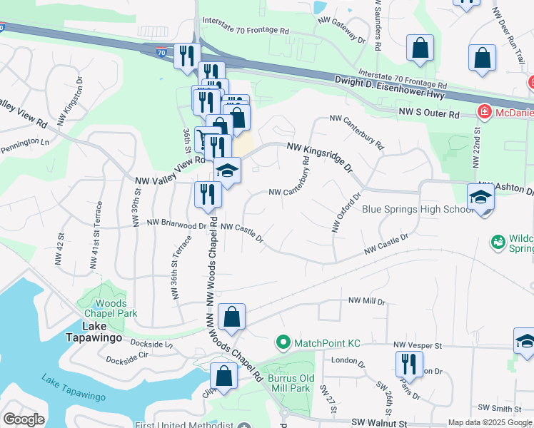 map of restaurants, bars, coffee shops, grocery stores, and more near 3208 Northwest Canterbury Place in Blue Springs