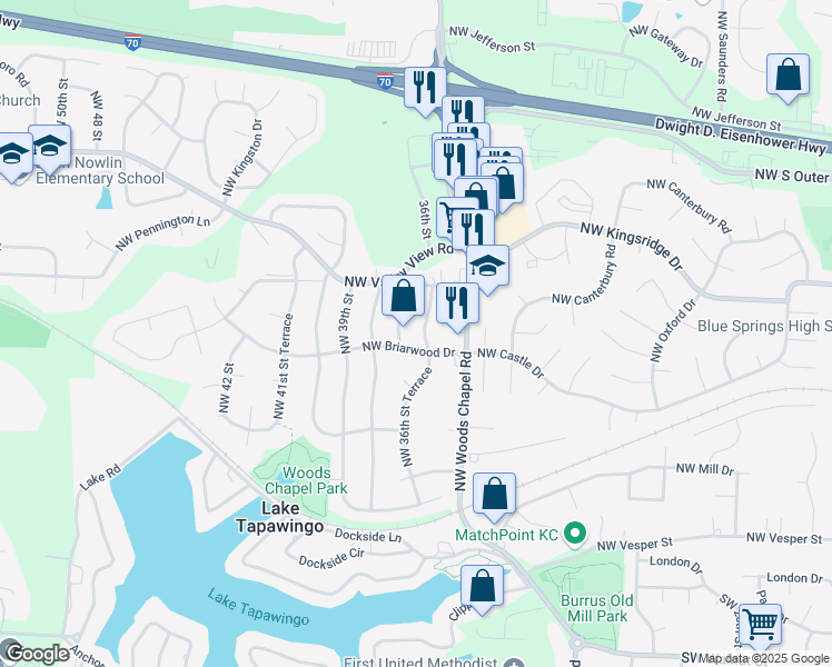 map of restaurants, bars, coffee shops, grocery stores, and more near 805 Northwest 36th Street Terrace in Blue Springs