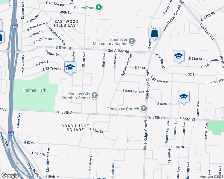 map of restaurants, bars, coffee shops, grocery stores, and more near 5316 Byrams Ford Road in Kansas City